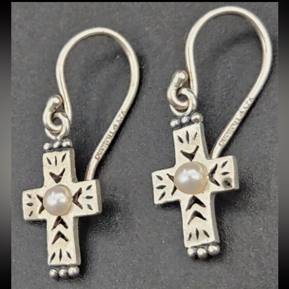 Silpada RARE Vintage Sterling Silver Pearl Dainty Cross Earrings - Picture 1 of 15